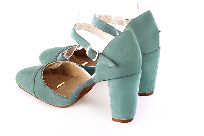 Mint green women's open side shoes, with an instep strap. Round toe. High block heels. Rear view - Florence KOOIJMAN